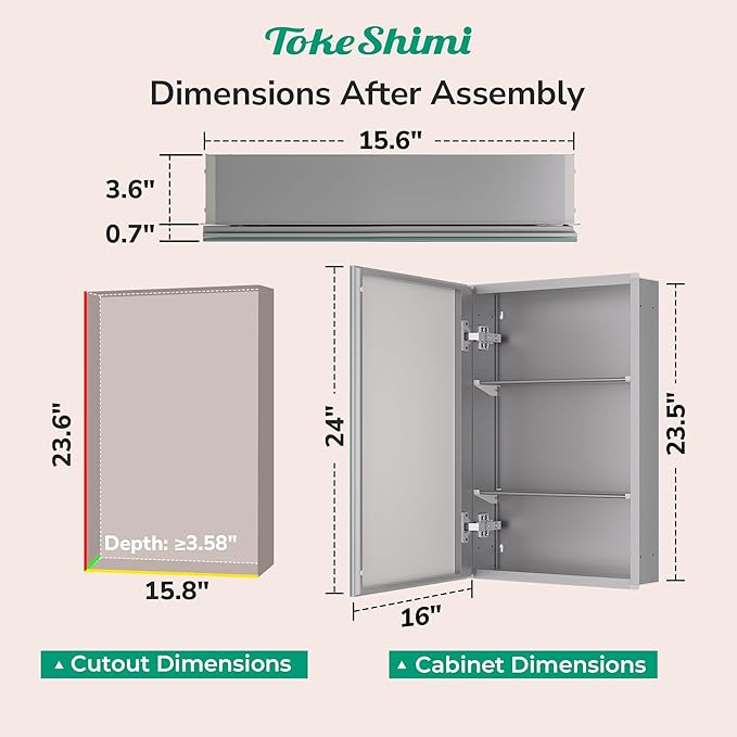 TokeShimi 16x24 Bathroom Medicine Cabinet with Mirror Tempered, Aluminum Silver Mirrored Medicine Cabinet Recessed or Surface Mount with Adjustable Storage Metal for Modern Farmhouse