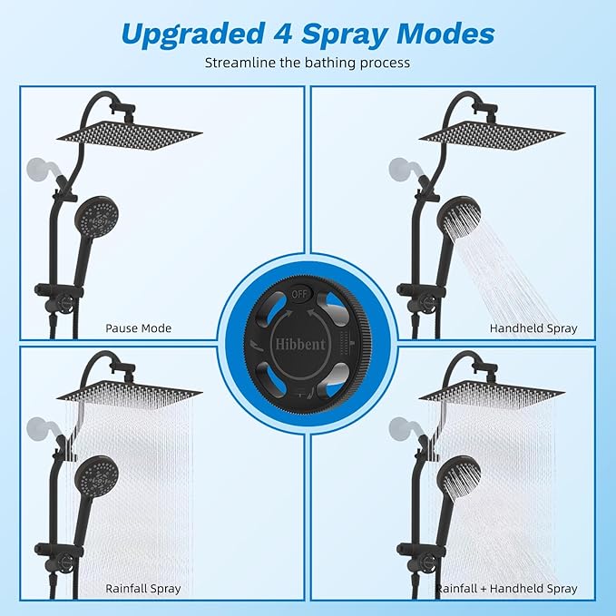 Hibbent cUPC Certified All Metal 12" Rainfall Showerhead Combo, High Pressure Shower Head with 10-Sprays Handheld, 4-way Diverter with Pause Mode, 71'' Shower Hose & Holder, Oil Rubbed Bronze