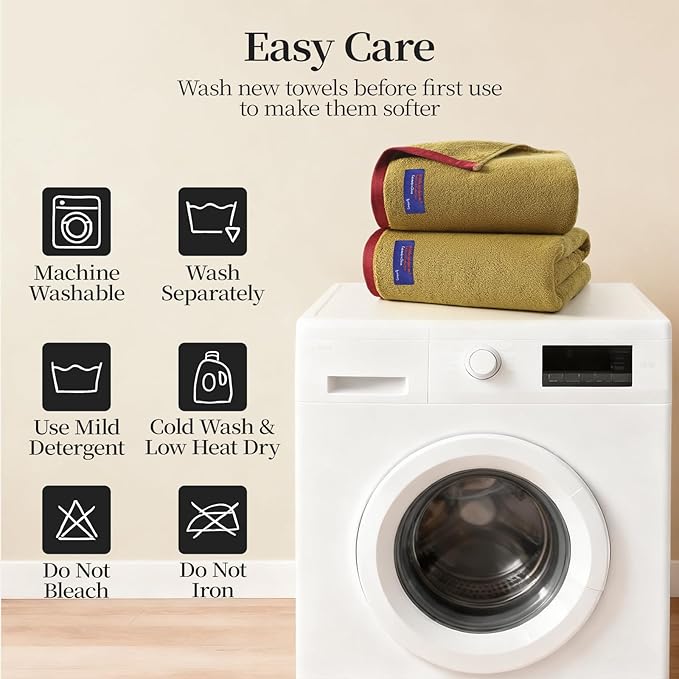 REDKISS 2 Pack 100% Cotton Bath Towels with Luxury Embellished Border Design, Oversized 27 x 54 Inches & 600 GSM Ultra Soft Bath Towel Set, Quick Dry Towels for Bathroom, Gym, Hotel, Mustard Yellow