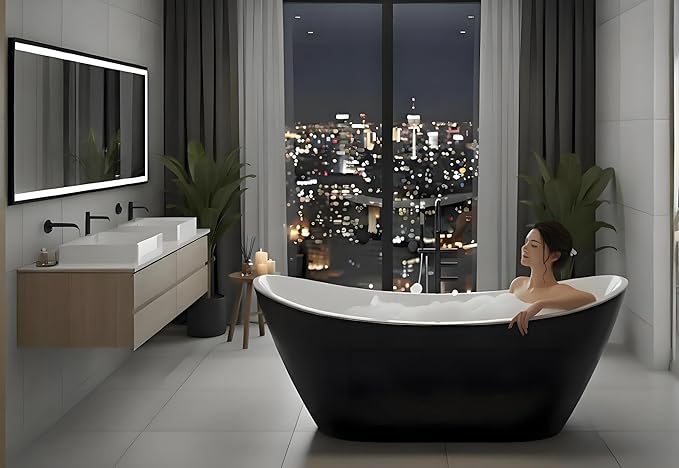 Acrylic Freestanding Bathtub 59 Inch – Contemporary Soaking Tub for Adults with Drain & Overflow, Black & White Finish, Easy Install, Home Spa Bathtub