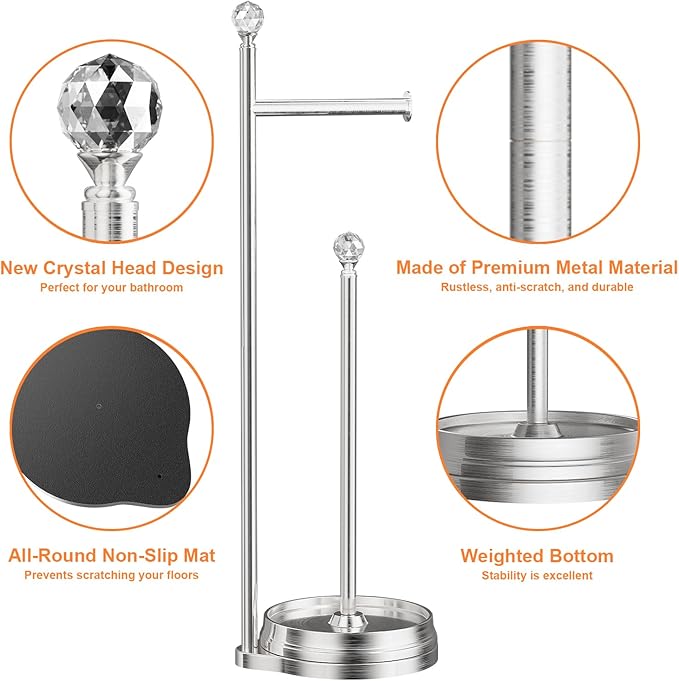 Toilet Paper Holder for Bathroom, Heavy Weighted Metal Free Standing Toilet Paper Holder Stand with Crystal Ball, Toilet Paper Roll Stand for Bathroom Accessories