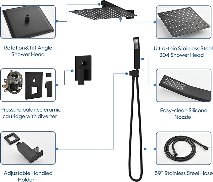 WELLFOR 12-In Wall Mounted Rain Shower Faucet with Single Handle and Handheld Spray, Waterfall Dual Head Shower Head System with 2-way Diverter, Pressure-balanced Valve Included, Matte Black