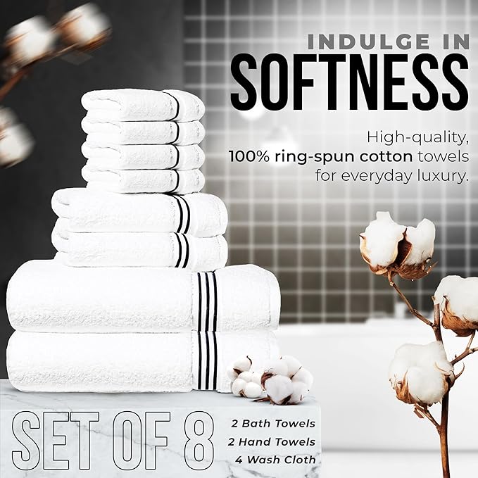 8-Piece Premium Towel Set, 2 Bath Towels, 2 Hand Towels, and 4 Wash Cloths, 100% Ring Spun Cotton Highly Absorbent Towels for Bathroom, Gym, Hotel, and Spa