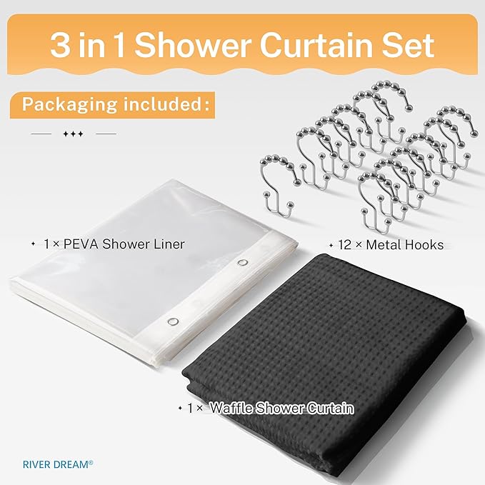 River Dream 3 in 1 Shower Curtain Set, Waffle Fabric Shower Curtain and Waterproof Clear Liner Set with Double Sided Metal Hooks, Black, 72" W*78" H