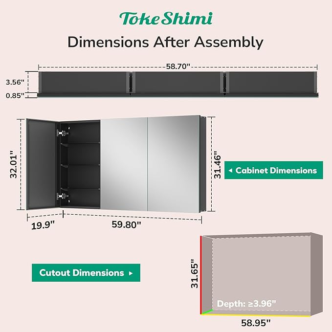 TokeShimi 60x32 Bathroom Medicine Cabinet with Mirror Tempered, Aluminum Black Mirrored Medicine Cabinet Recessed or Surface Mount with Adjustable Storage Metal for Modern Farmhouse
