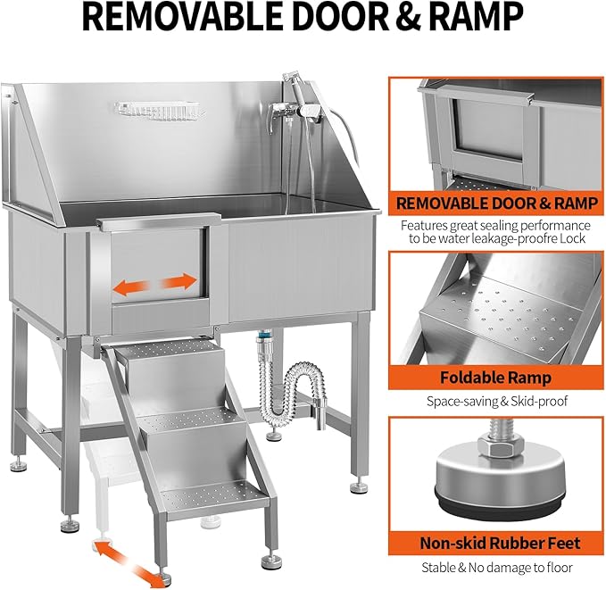 38" Dog Washing Station Large Dogs Grooming Tub Professional Stainless Steel Dog Bathtubs Bathing Tub Pet Washing Station for Home with Steps,L-Door