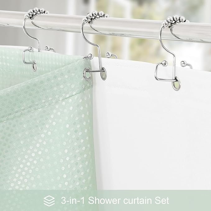 3 in 1 Shower Curtain Set, Mint Green Waffle Shower Curtain and PEVA Liner Set with 12 Stainless Steel Shower Curtain Hooks, Waterproof Shower Curtains for Bathroom, 72 W x 72 H