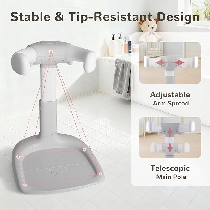 Baby Shower Stand – Adjustable Baby Bath Stand & Standing Baby Bathtub, Baby Shower Standing Support, Toddler Shower Stand for Infants 8–36 Months (Grey)