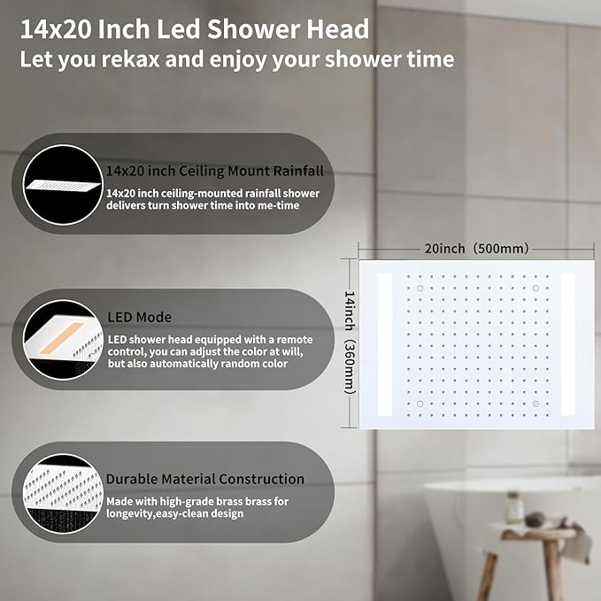 Bathroom shower system Ceiling 14x20 inch shower head, spray with handle, 6 PCS Body Jet and Handheld, temperature display shower faucet set (Chrome)