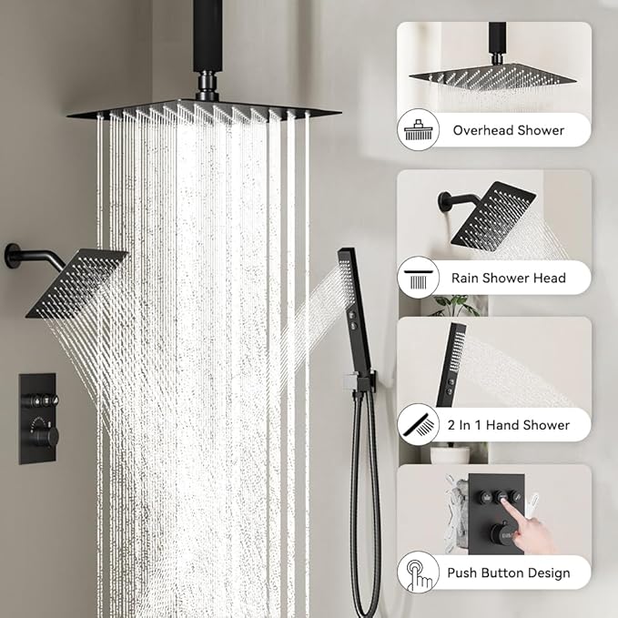 Thermostatic Shower Systems Matte Black Shower Faucets Sets, STARBATH 12+ 8" Wall Mount Rain Shower and 2 in 1 Handhled, Can Use All at Once, Push Button 3 Modes Valve and Trim Kit Complete Shower Set
