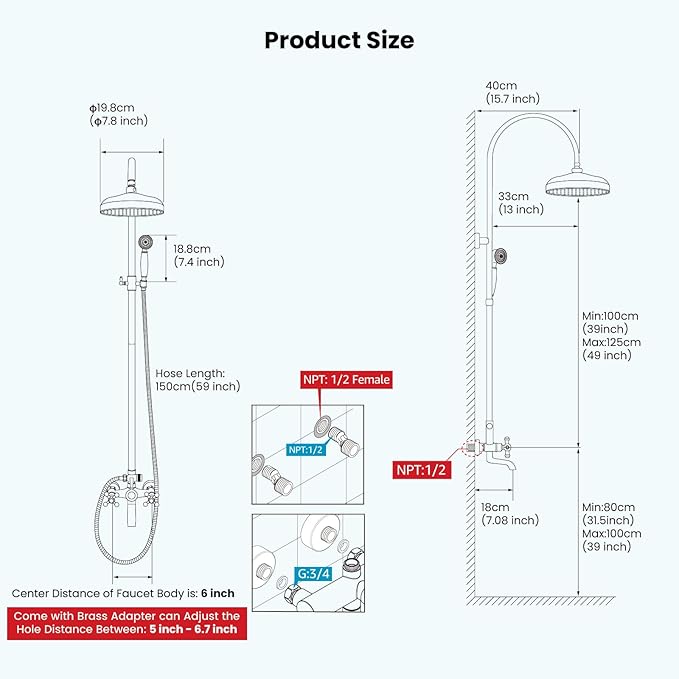 gotonovo Exposed Bathroom Shower System Classic Shower Kit 8 Inch Luxurious Rainfall Shower Head Handheld Spray Tub Filler Brass Pipe 3-Function Wall Mount Double Cross Knobs Polished Gold