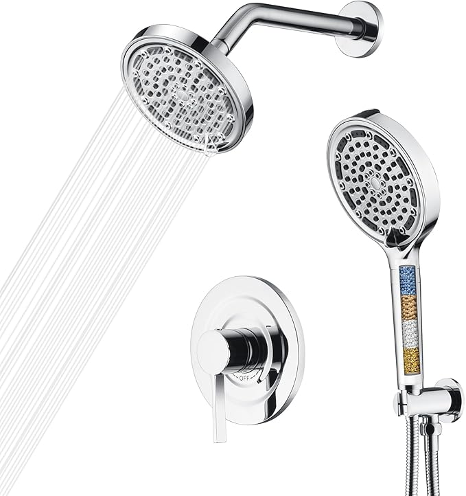 SUMERAIN Shower Faucet Set with 6-Spray Handheld Filtered Shower Head, Chrome Wall Mounted Rainfall Shower System