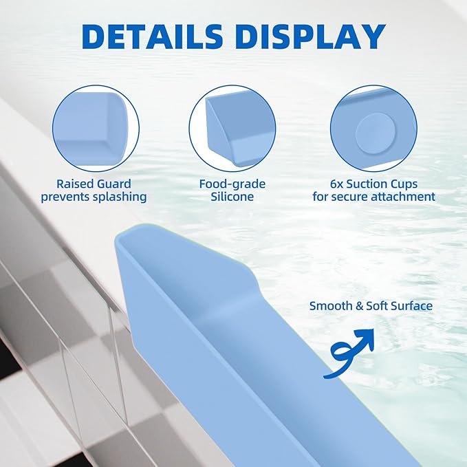 Splash Guard for Bathtub, 3.8" x 3.6" Silicone Bath Tub Splash Guard with 6 Suction Cups, Bathtub SplashGuard Play Shelf Area for Kids with 3°Drainage Slope for Faster Drying - 2 Packs Blue