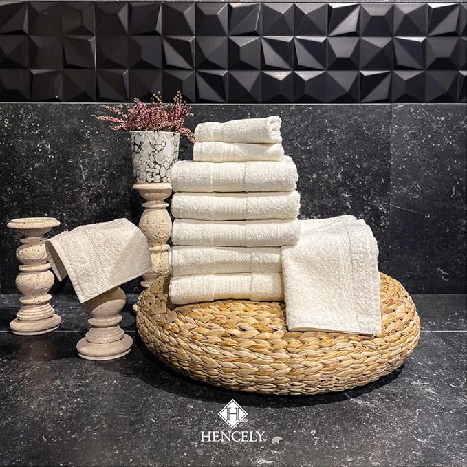 Hencely 6-Piece Bath Towel Set - High Absorbency, Quick Drying - 100% Soft Turkish Cotton - 2 Bath Towels, 2 Hand Towels, 2 Washcloths - for Bathroom, Home, Hotel, Spa, and Gym - 6-Pack Ivory