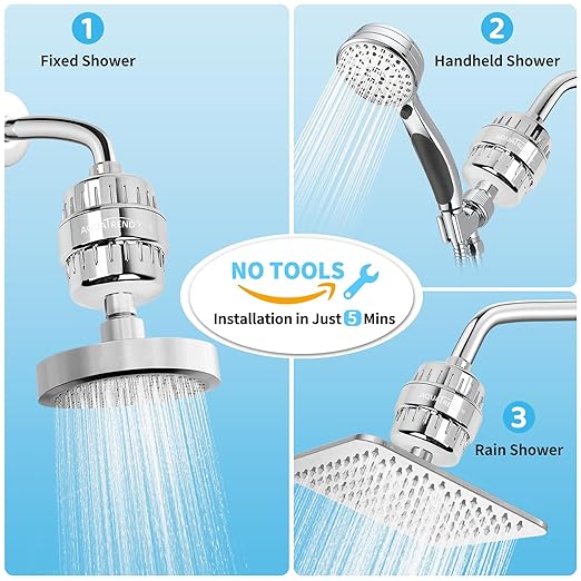 25 Stage Shower Head Filter for Hard Water, Shower Water Filter for Removing Chlorine and Fluoride, High Output Hard Water Shower Filter Improves on Skin, Hair and Nails, Polished Chrome