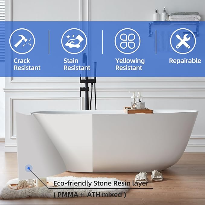 Cpingao 55" Stone Resin Solid Surface Freestanding Bathtub, Modern Elegant Design Soaking Stand Alone Tub, Matte White, Chrome Drain and Overflow Included 8823A-1400