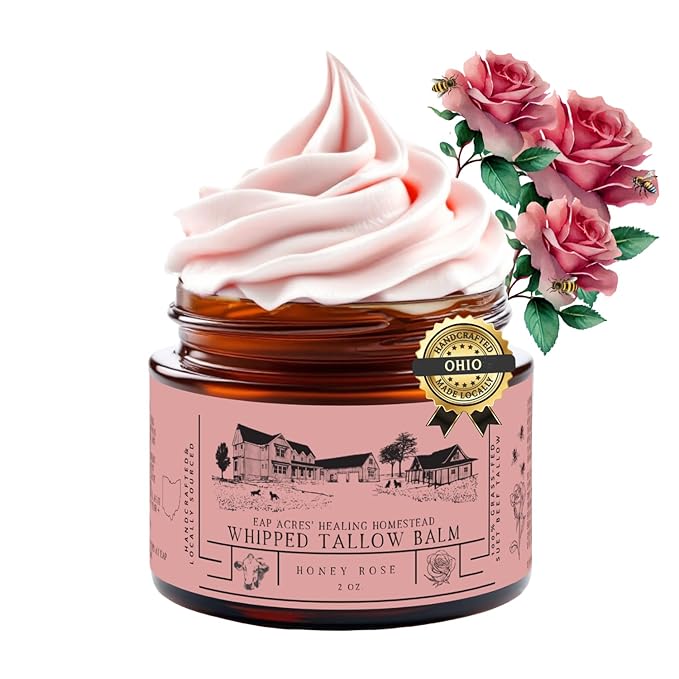 Rose-infused 100% Grass-Fed Whipped Tallow Balm-Organic Raw Manuka Honey & Organic Jojoba Oil, Rosehip Oil, Face and Body Moisturizer for Dry, Sensitive Skin, Eczema (Honey Rose)