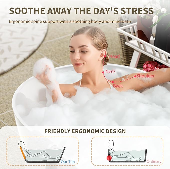 Abruzzo 59" Freestanding Bathtub Solid Surface - Oval Stone Resin Soaking Tub with Overflow & Pop-Up Drain, cUPC Certified Gloss White, Heavy Duty for Modern Bathroom