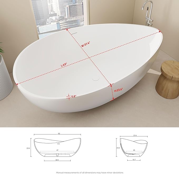 SJ STAR&JANE 63" x 38" Solid Surface Freestanding Bathtub, Oval Soaking Tub with Overflow and Pop-up Drain for Bathroom Matte Black