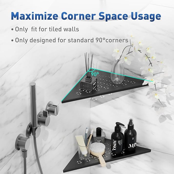 lives Corner Shower Shelf 10" Slot Design Recessed Shower Shelves for Tiled Wall, 304 Stainless Steel Corner Shelves for Bathroom Organizer, Matte Black 2 Pack (Star)