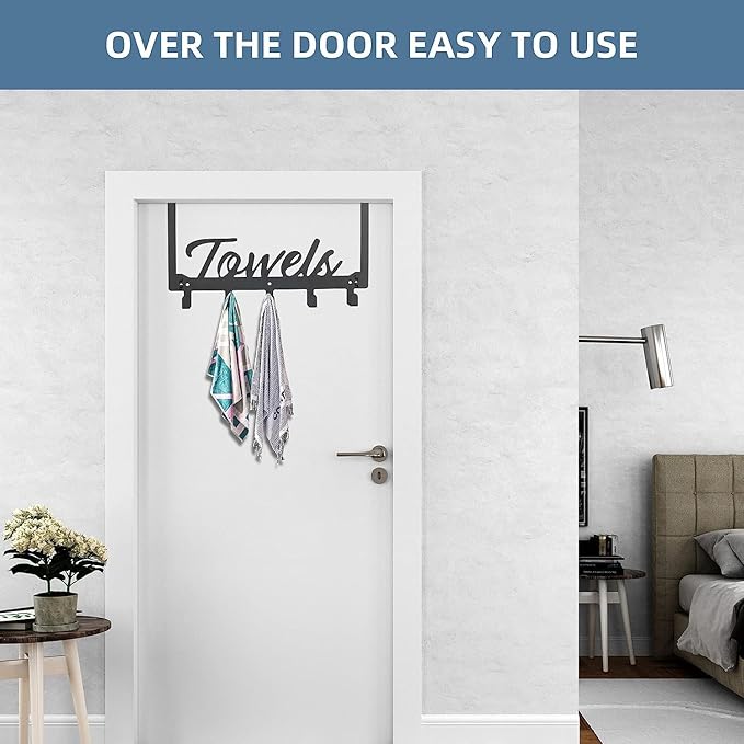 Over The Door Hooks - Heavy Duty Towel Rack with 5 Coat Hooks for Bedroom Kitchen, Gold Bathroom Decor