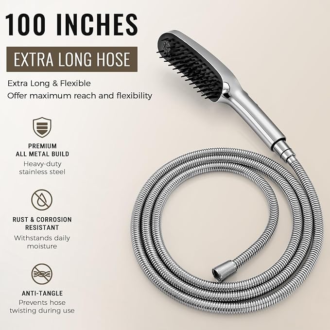 G-Promise 3 Mode Dog Shower Attachment with Pause Mode, Dog shower Sprayer with 100 Inches Stainless Steel Hose, Metal Diverter, Adhesive Holder, for Fast and Easy Dog Bathing and Cleaning(Chrome)
