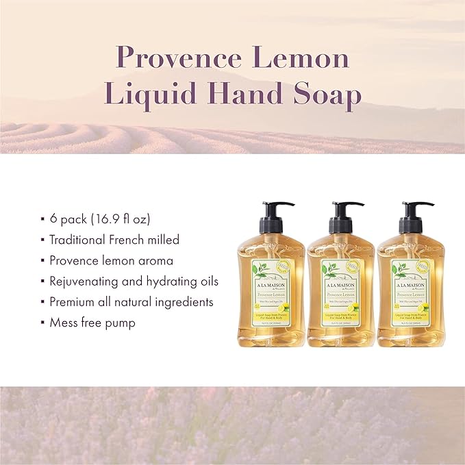 A LA MAISON Provence Lemon Liquid Hand Soap 16.9 Fl Oz - Natural Hand Wash Made with Essential Oils - Biodegradable, Plant-Based, Vegan, Cruelty-Free, Alcohol & Paraben Free (6 Pack)