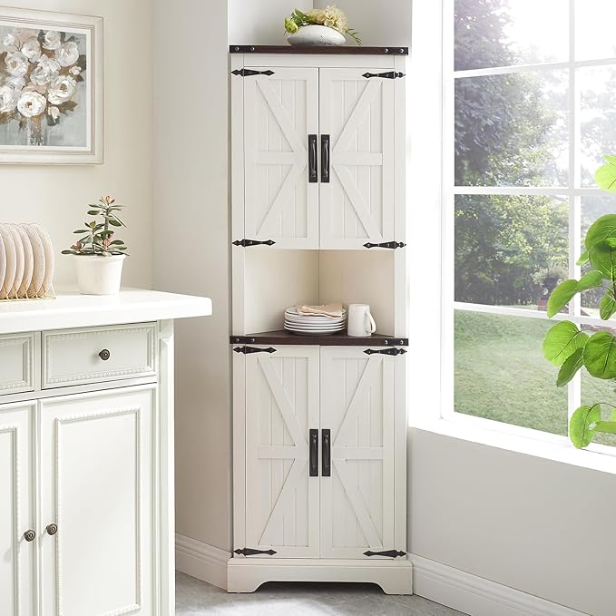 Tall Farmhouse Corner Cabinet with 4 Doors and Adjustable Shelves, Farmhouse Storage Cabinet with Barn Door Design, Home Space Saver for Living Room, Kitchen, Laundry Room (Antique White)