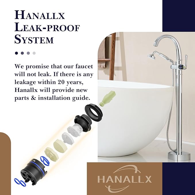 Free Standing Tub Faucet, Hanallx Luxury Polished Chrome Freestanding Bathtub Faucet with Sprayer, Premium Brass High Flow Rate Floor Mount Tub Filler Swivel Spout, Roman Tub Faucet Set（HM88011-CP）