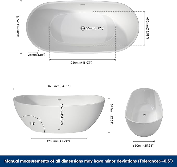 65" Acrylic Freestanding Bathtubs, Stand Alone Tub, Soaking Tubs for Bathroom, Integrated Overflow and Drain, cUPC Certified, Gloss White