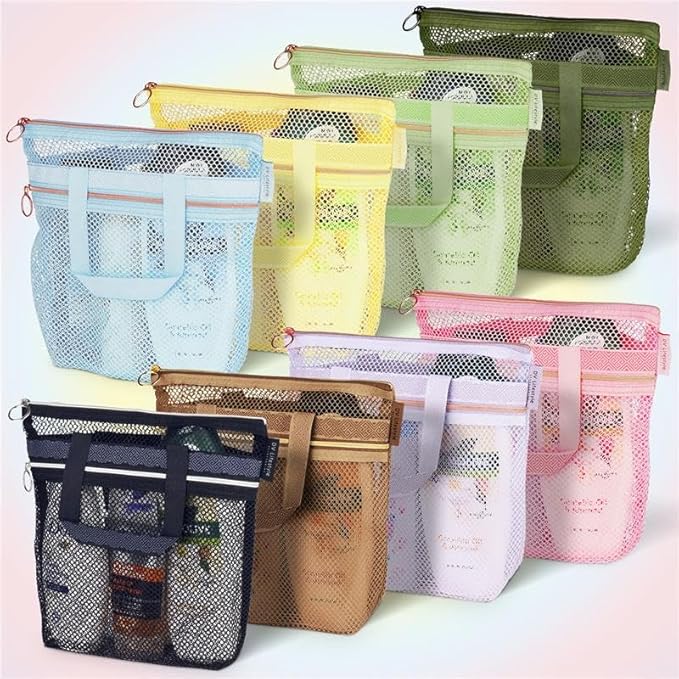 Mesh Shower Bag 10.2x9.9'' Quick-Dry Caddy with Zipper & 2 Pockets. Portable Toiletry Tote for Bathroom, Gym, Travel, Camp, Beach, for Sunscreen, Dorm & College Essentials (Yellow)