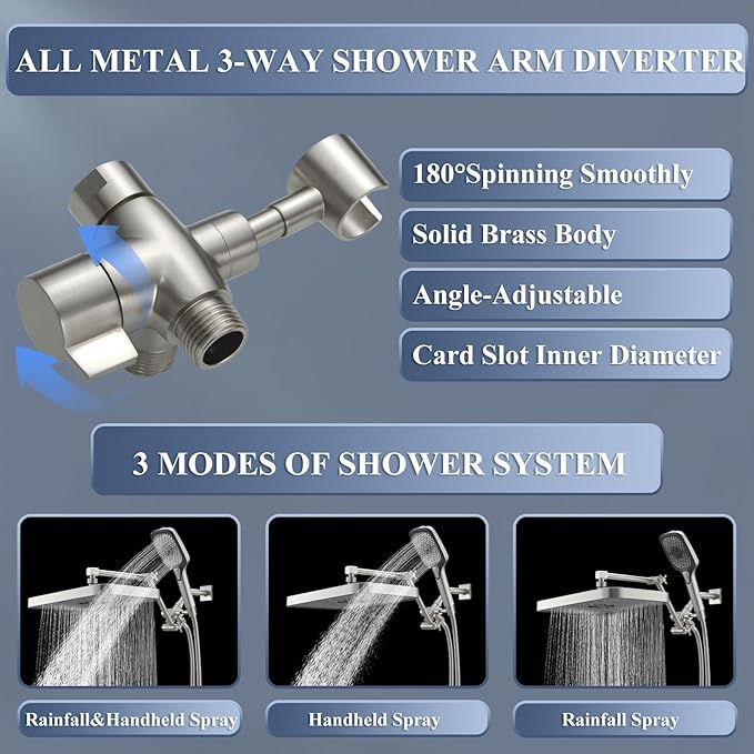 High Pressure Wide Rain Shower Head with Handheld Spray Combo, 14 Inch Rainfall Shower Heads with Adjustable Extention Arm, Dual Waterfall Showerhead with 3-Way Diverter(Brushed Nickel)