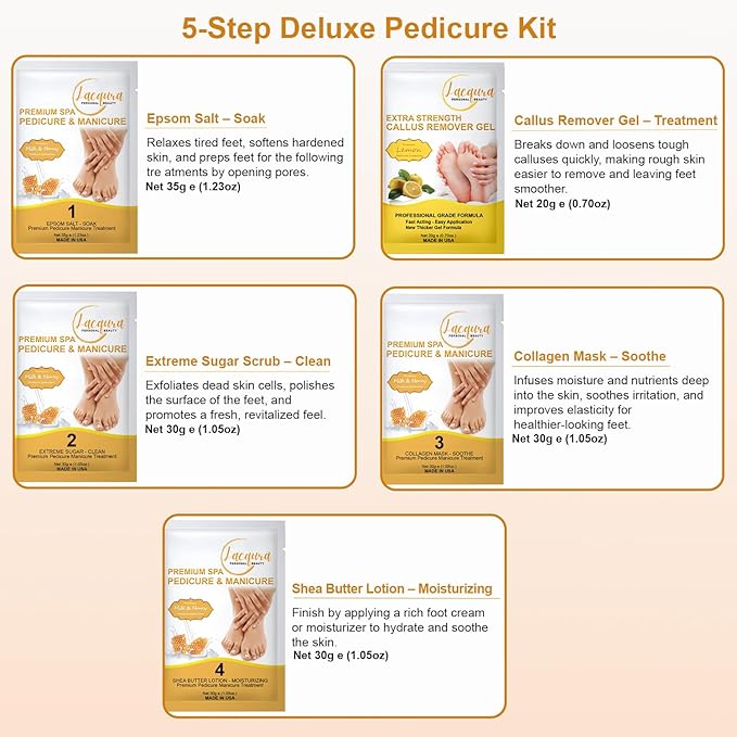 Epsom Salt Soak, Callus Remover Gel, Extreme Sugar Scrub, Collagen Mask & Shea Butter Lotion – Professional Spa Foot Care System 5 Step Luxury Pedicure Kit. Milk & Honey 50 Set