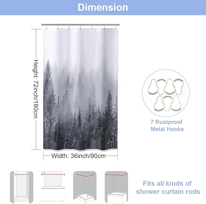 ORTIGIA 36x72 Misty Forest Stall Shower Curtain for Small Bathroom, Grey Half Size Narrow Nature Woodland Shower Curtain Set with Hooks, Waterproof Fabric Pine Tree Fog Magic Home Bath Curtain