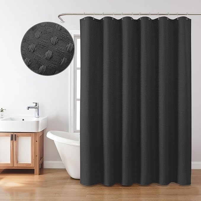 Inhousolu Fabric Shower Curtain Waffle Weave, 230 GSM Heavy Duty, Weighted Hem, 12 Metal Hooks, Water Repellent, Machine Washable, Hotel Spa Luxury Bath Curtain Set, 60 x 72 Inch, Black