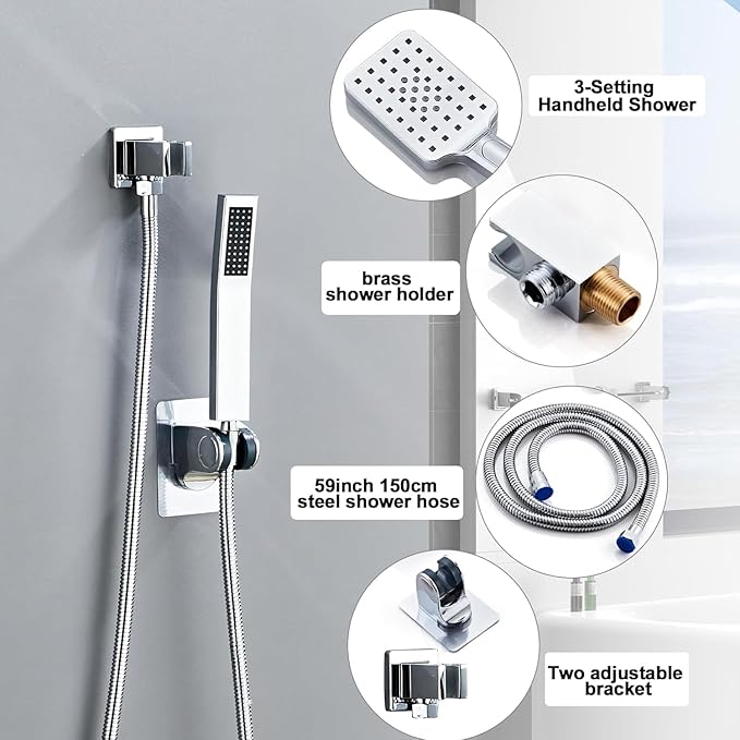 12 Inch Ceiling Mount Shower Faucet Set, Silver Rainfall Shower System with Valve Trim, Square Rain Shower Spray Combo Luxury Shower Fixtures Polish Chrome Shower Head and Handle Set