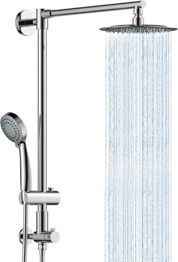 Fennocasa Polaris 1 Rain Shower System, includes 8” Rainfall Shower Head with High Pressure Handheld Combo, 3-Setting Handheld Spray, Height Adjustable Spray Holder, 60” Hose (Chrome)