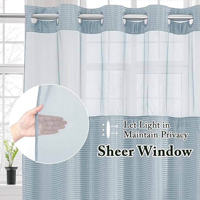 Gibelle Extra Long Shower Curtain 72x86, Waffle Weave Bathroom Shower Curtain with Snap-in Fabric Liner Set, No Hooks Needed, Hotel Style with Mesh Top Window, Fog Blue