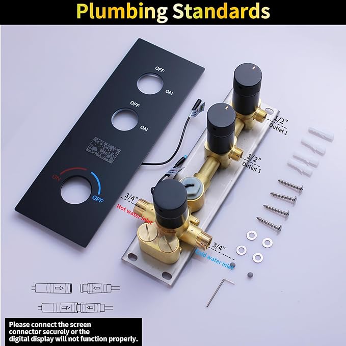 AYIVG 2 Way Pressure Balance Shower Diverter Mixing Valve Kit Digital Display Temperature Shower Valve Brass Matte Black Shower Rough-in Mixer Valve Concealed Shower Flow Control Replacement Valve