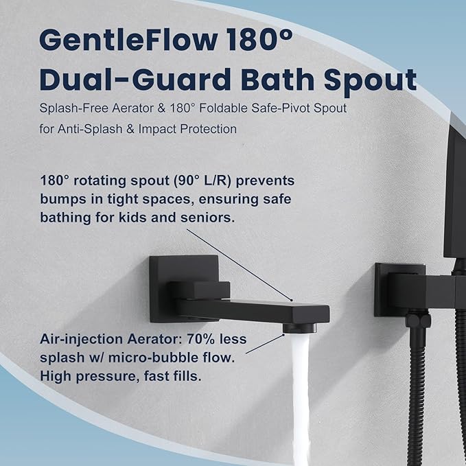 Wall Mount Bathtub Faucet Set Included 180°Swivel bathroom Tub Filler faucets and handheld Shower，high Flow Tub Spout with Solid Brass Push-button Diverter Pressure Balance Valve,Matte Black