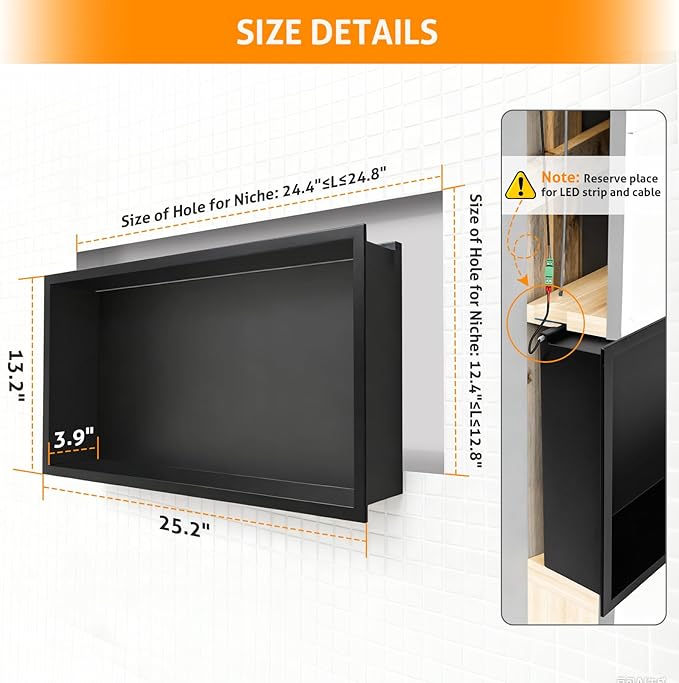 WICHEMI Stainless Steel Shower Niche 24" X 12", No Tile Needed Wall Niche with RGB Light, Recessed Shower Shelf for Bathroom Storage Over Mount Installation, Matte Black