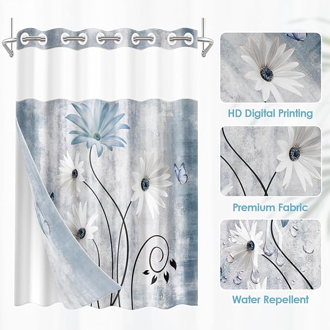 No Hook Rustic Farmhouse Shower Curtain with Snap in Fabric Liner Set, Blue Daisy Flowers and Butterfly on Country Wooden Double Layers Waterproof with See Through Top Bath Curtain 71x74 Inch