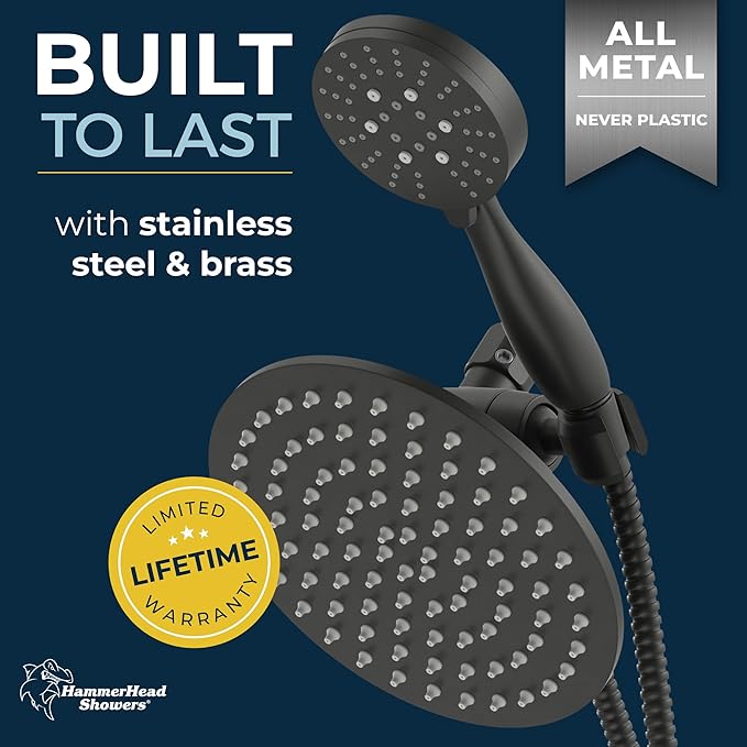 HammerHead Showers Dual Shower Head Combo, 8-Inch Rainfall & 3-Flow Handheld, Matte Black, 2.5 GPM