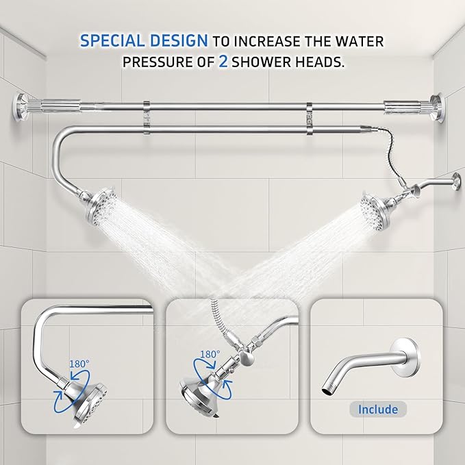 Tandem Shower Heads, Double Shower Head for Couples, Dual Shower Head System for Two People, High Pressure and Adjustable Double Shower Heads (Silver)