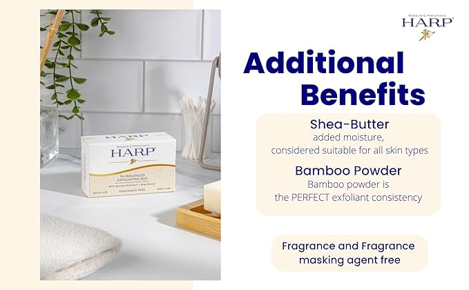 HARP pH-Balanced (5.0-6.0) Exfoliating Body Wash Bar - FRAGRANCE FREE. Bamboo Powder Exfoliation -the perfect consistency. Soap/Lye/Preservative/Dye/Masking agent-Free. Non-comedogenic.