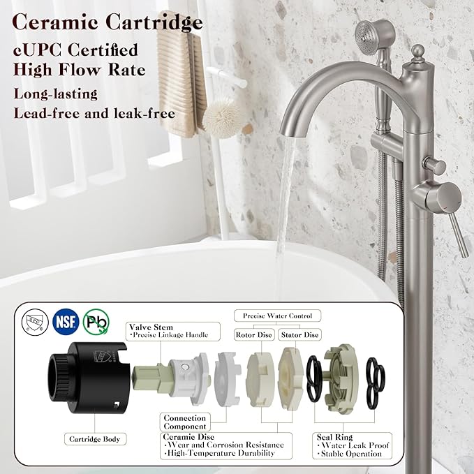 Freestanding Tub Faucets, Classic Freestanding Bathtub Faucet with Retro Handheld Sprayer High Flow Max 7.04GPM Floor Mount Tub Filler Swivel Spout Bath Tub faucet Brushed Nickel (WT-9002BN)