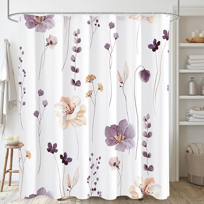 Gibelle Watercolor Floral Shower Curtain, Plum Beige Flower Shower Curtain for Bathroom, Modern Minimalist White Waterproof Fabric Shower Curtain Set 72x72 Inch