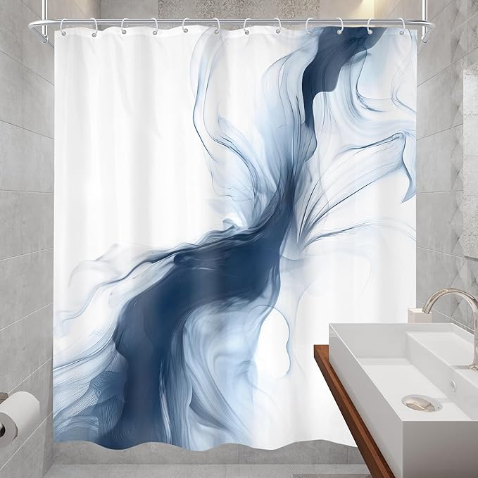 Cinbloo Navy Blue Shower Curtain 60Wx72H Abstract Modern Neutral Ombre Marble Minimalist Bathroom Decor Elegant Texture Chic Simple Painting Artistic Aesthetic Fabric Blue Bath Curtain with 12 Hooks
