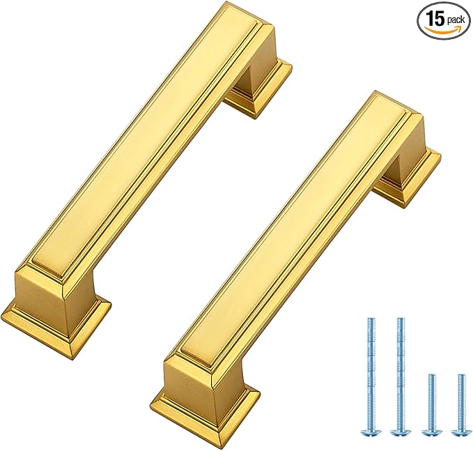 Ravinte Hardware 15 Pack Brushed Brass Cabinet Pulls, 3 Inch (76mm) Hole Center Zinc Alloy Drawer Handles for Kitchen Cabinets, Cupboards, Dressers, Square Solid Metal Hardware