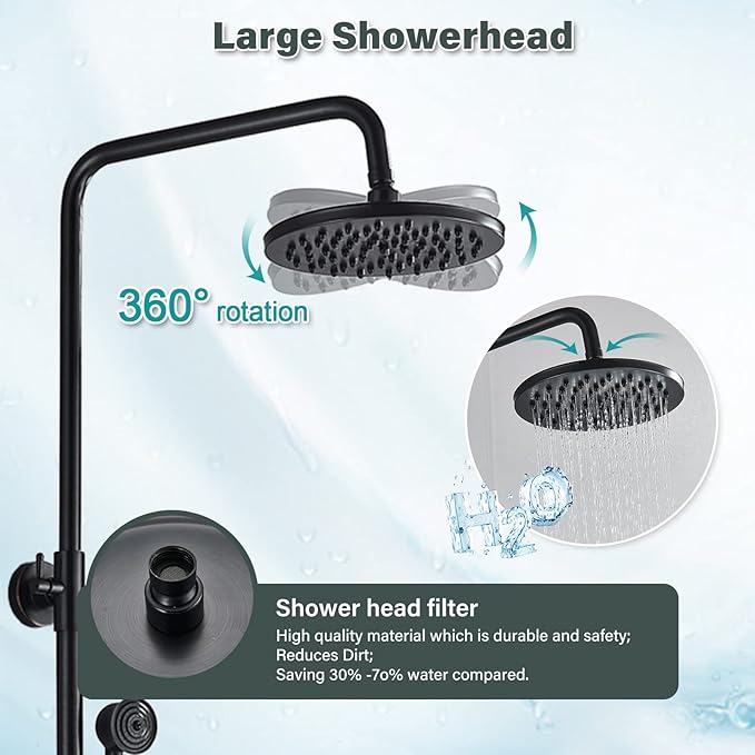 NeierThodore Luxury ORB Bathroom Shower Faucet Dual Handles Wall-Mounted Shower Mixer Taps 8" Rainfall Shower Head Ceramic Handheld Sprayer Oil Rubbed Bronze